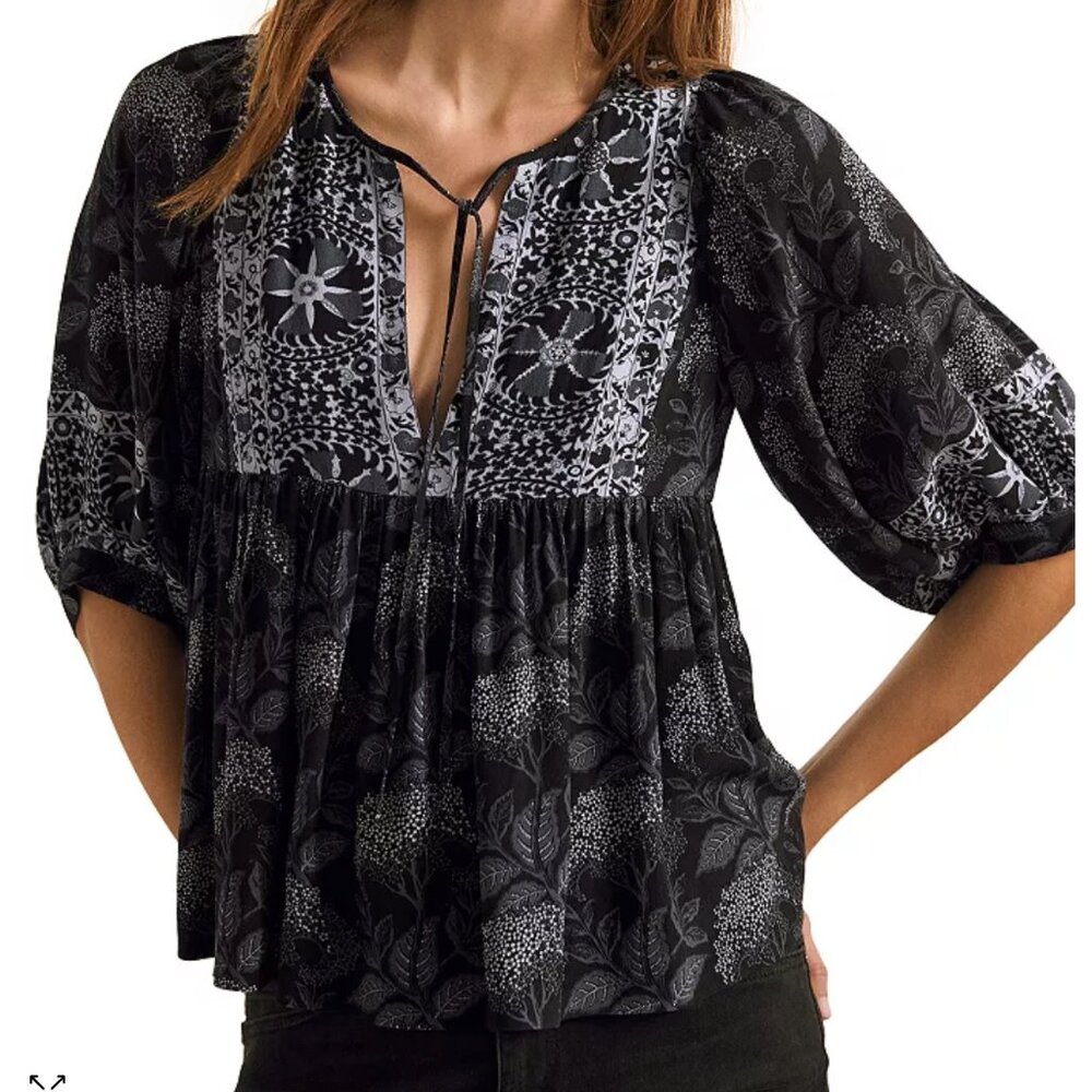 BA&SH Garry bohemian boho gypset Blouse Top black & gray floral print MED